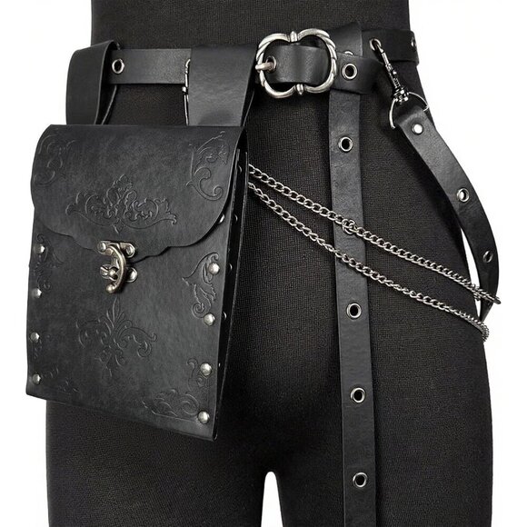 Medieval Women Belt Vintage Faux Leather Chain Pouch Costume Accessory